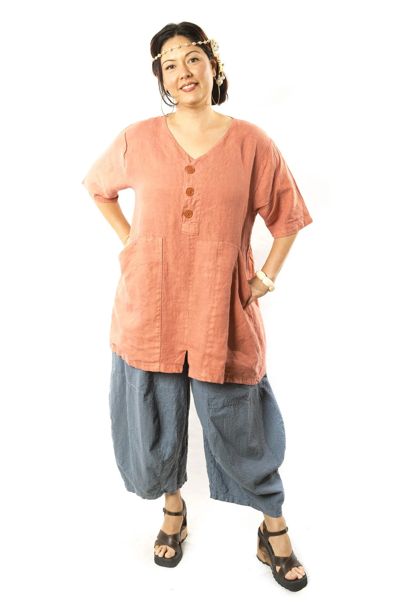 Button Linen Tunic Printed