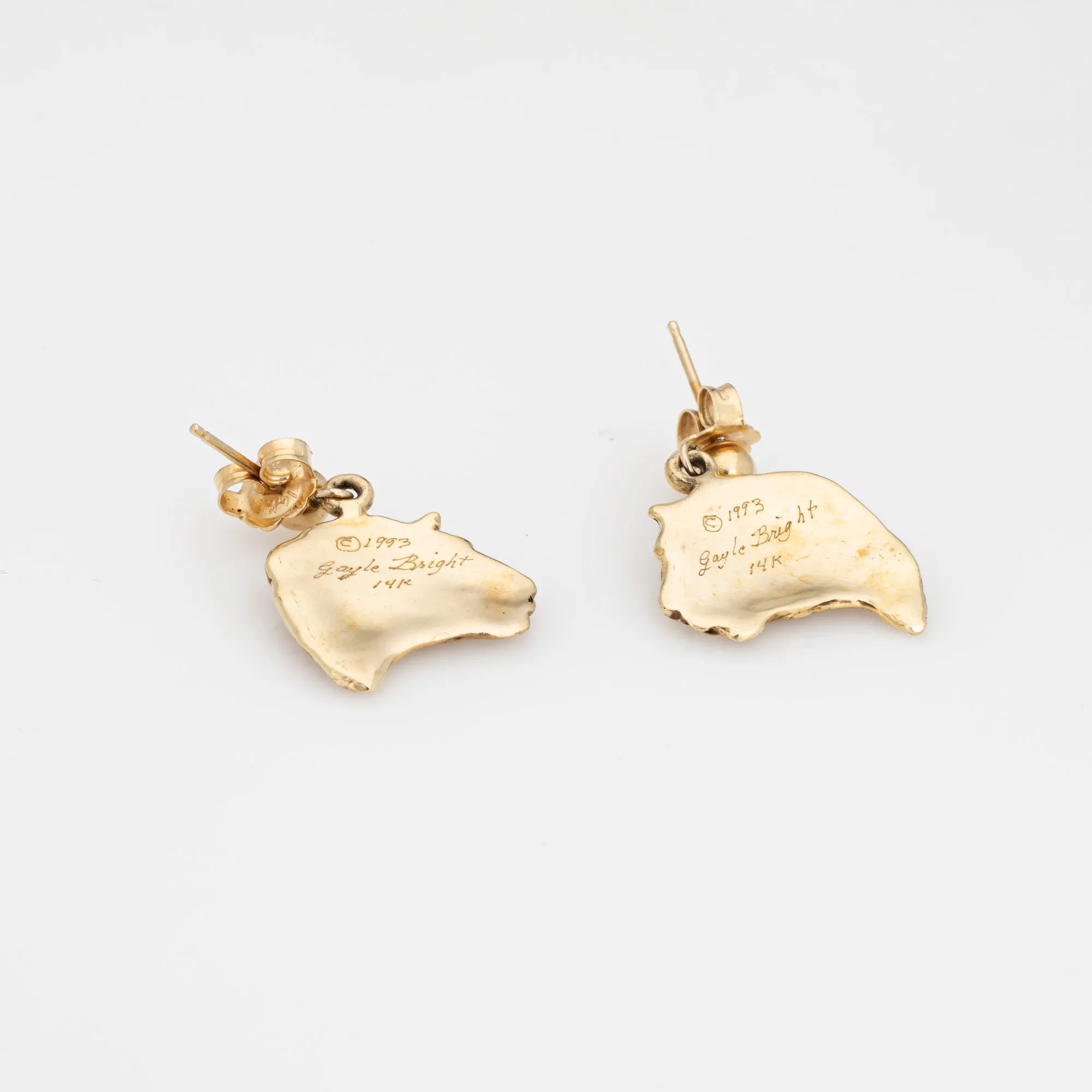 c1993 Gayle Bright Jaguar Bust Earrings Vintage 14k Gold Drops Animal Jewelry