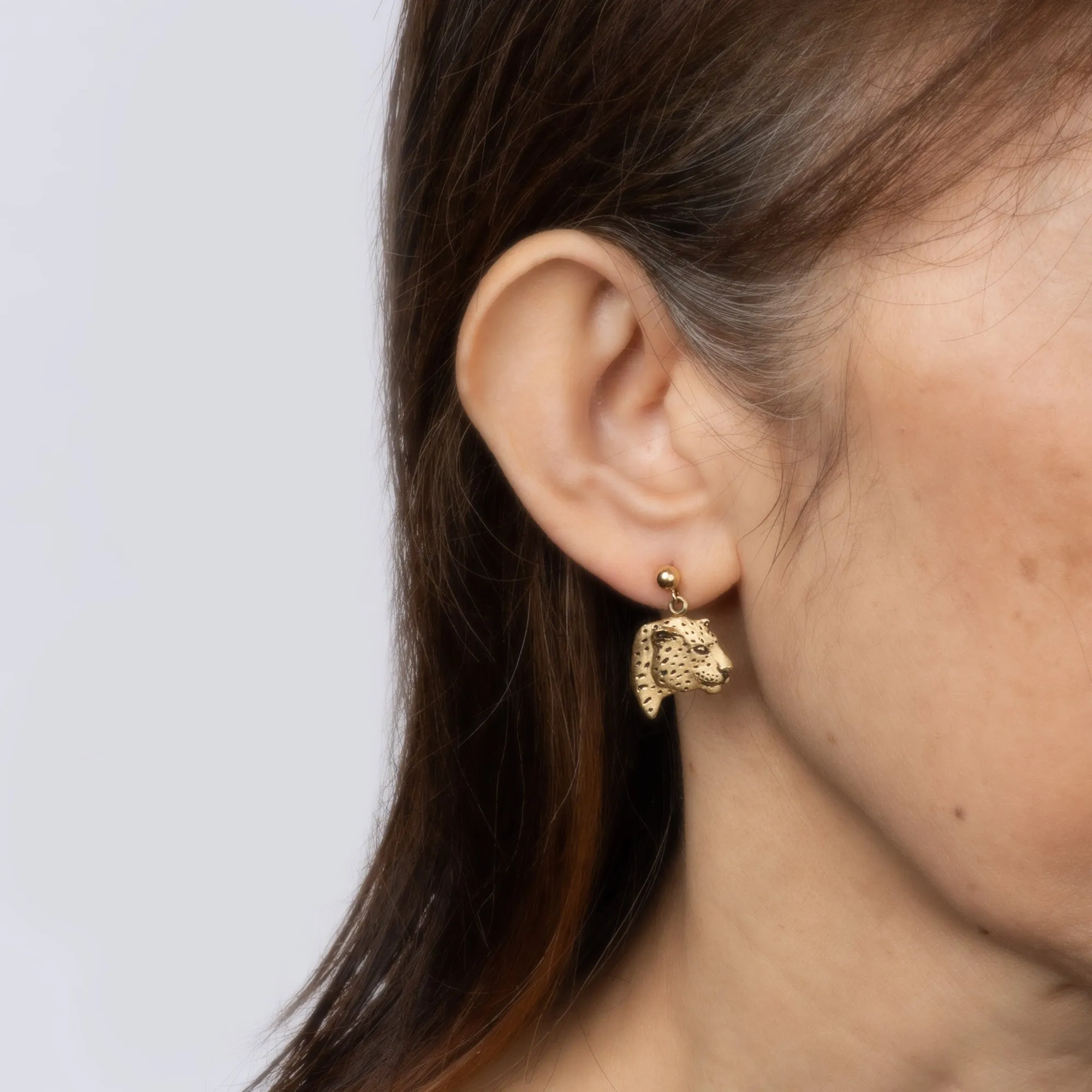 c1993 Gayle Bright Jaguar Bust Earrings Vintage 14k Gold Drops Animal Jewelry