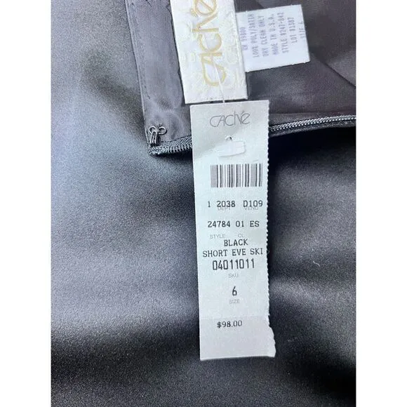 Cache’ Black Satin Short Evening Skirt Side Slit Lined Elegant Size 6 NWT