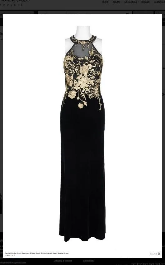 Cachet 59820 Halter Neck Bodycon Zipper Back Embroidered Mesh Suede Dress