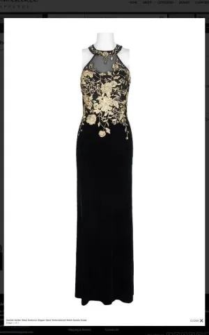 Cachet 59820 Halter Neck Bodycon Zipper Back Embroidered Mesh Suede Dress