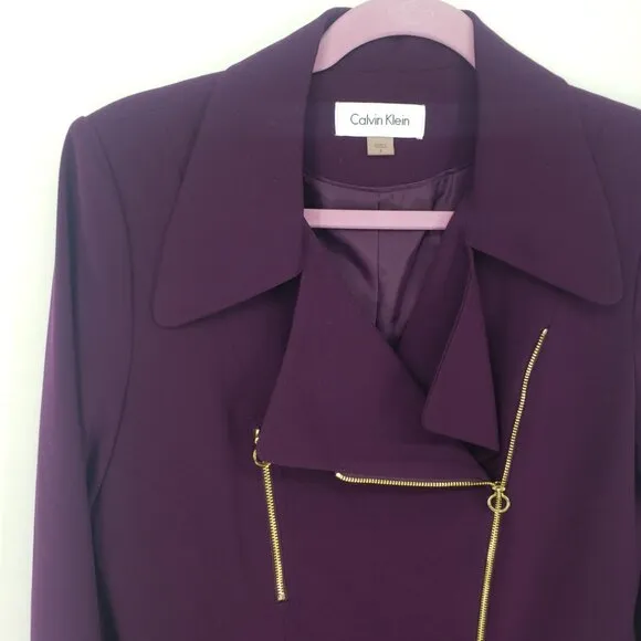 Calvin Klein Asymmetrical Moto Zip Up Blazer Jacket 8 Gold Zipper Plum Purple