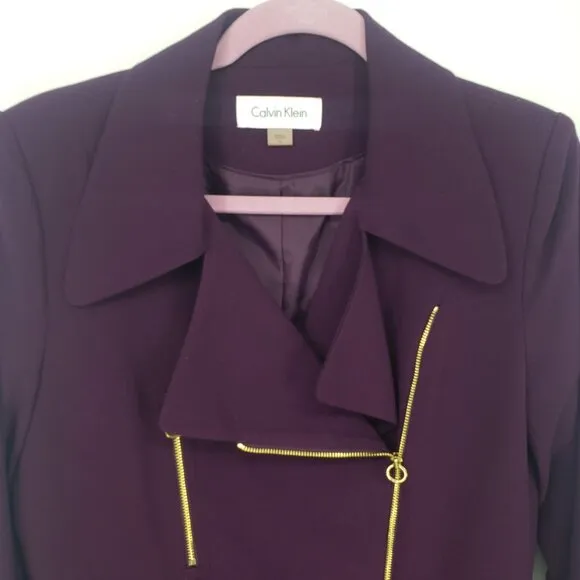 Calvin Klein Asymmetrical Moto Zip Up Blazer Jacket 8 Gold Zipper Plum Purple