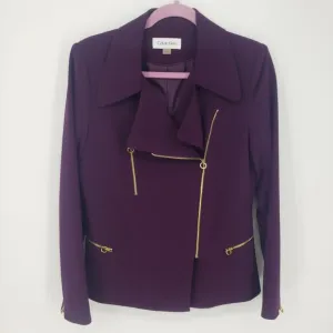 Calvin Klein Asymmetrical Moto Zip Up Blazer Jacket 8 Gold Zipper Plum Purple