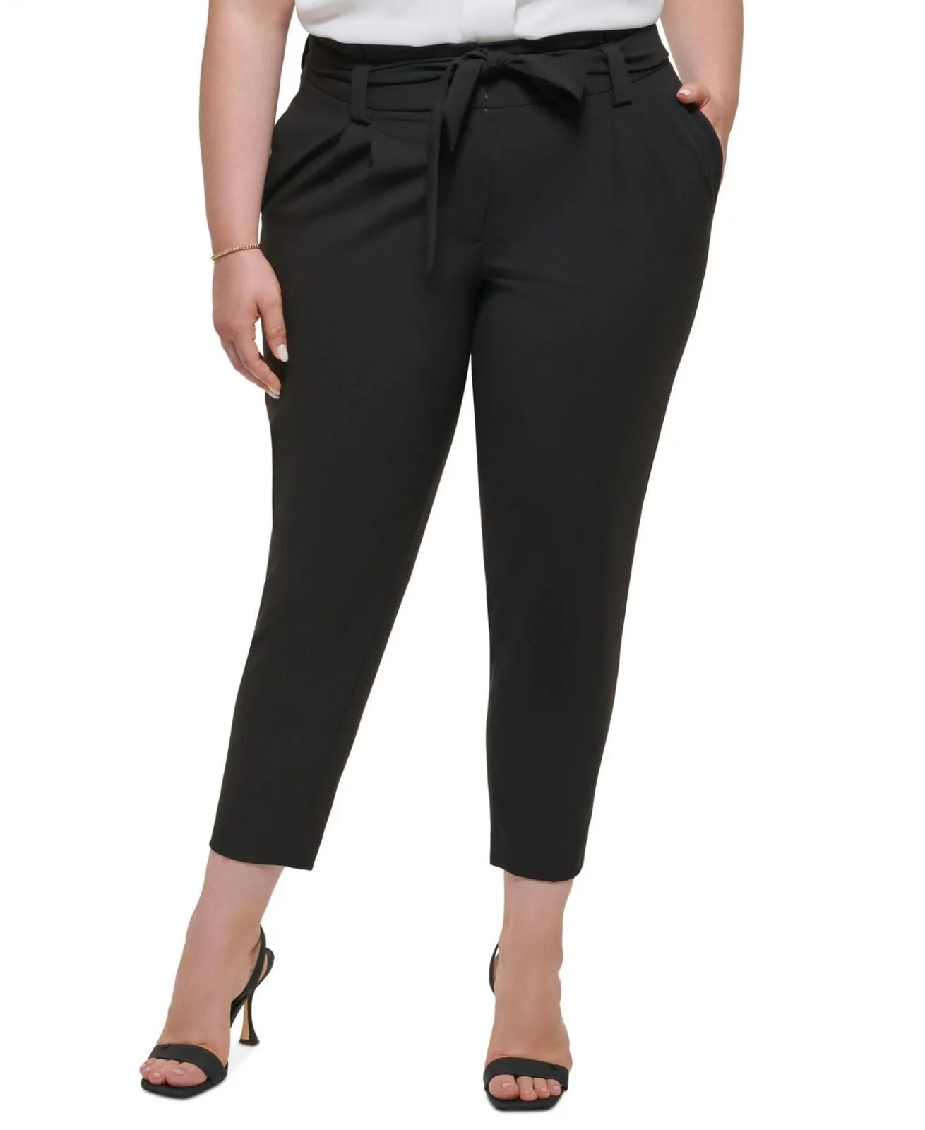 Calvin Klein Womens Plus Size Tie Waist Pants X26PL635 Black 22W