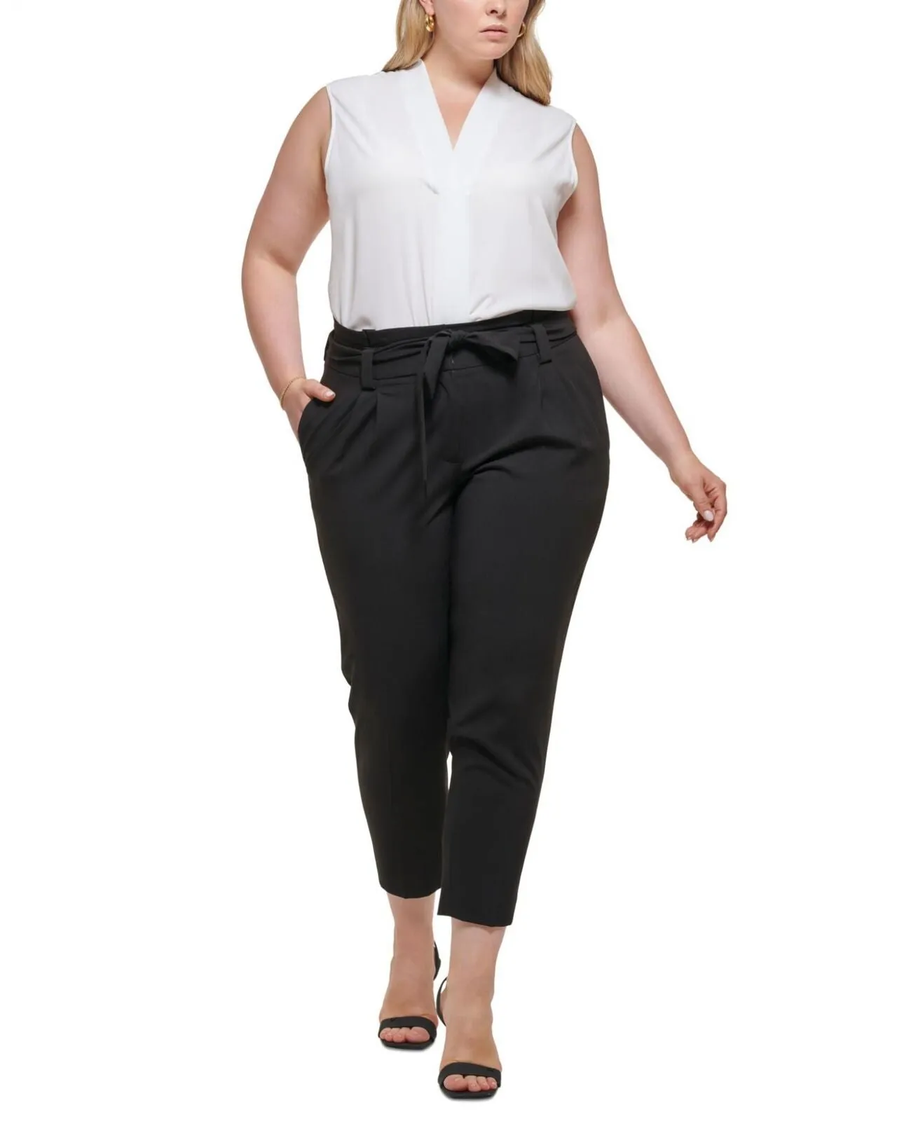 Calvin Klein Womens Plus Size Tie Waist Pants X26PL635 Black 22W