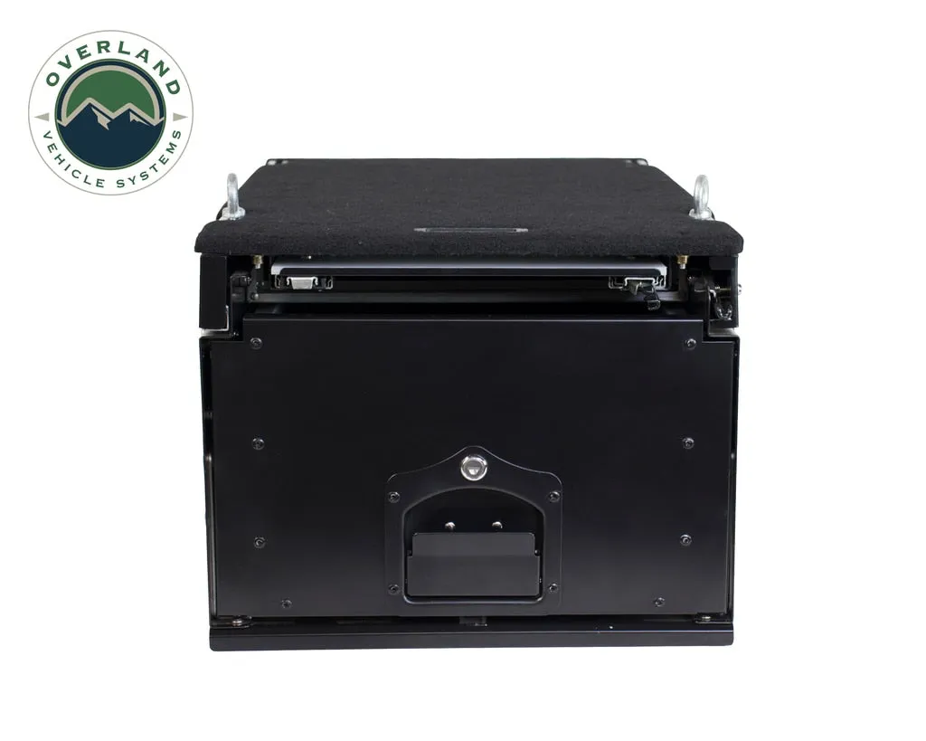 Cargo Box With Slide Out Drawer & Working Station Size Black Powder Coat Universal Overland Vehicle Systems