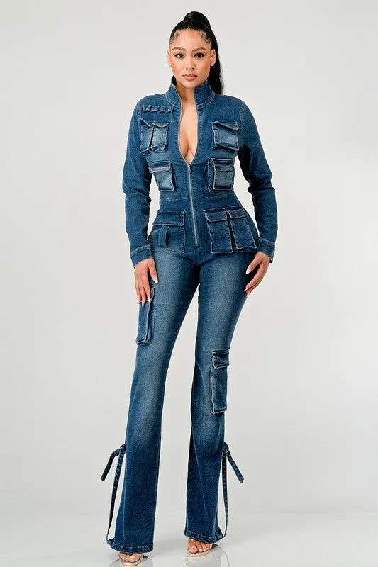 CARGO STYLE DENIM JUMPSUIT