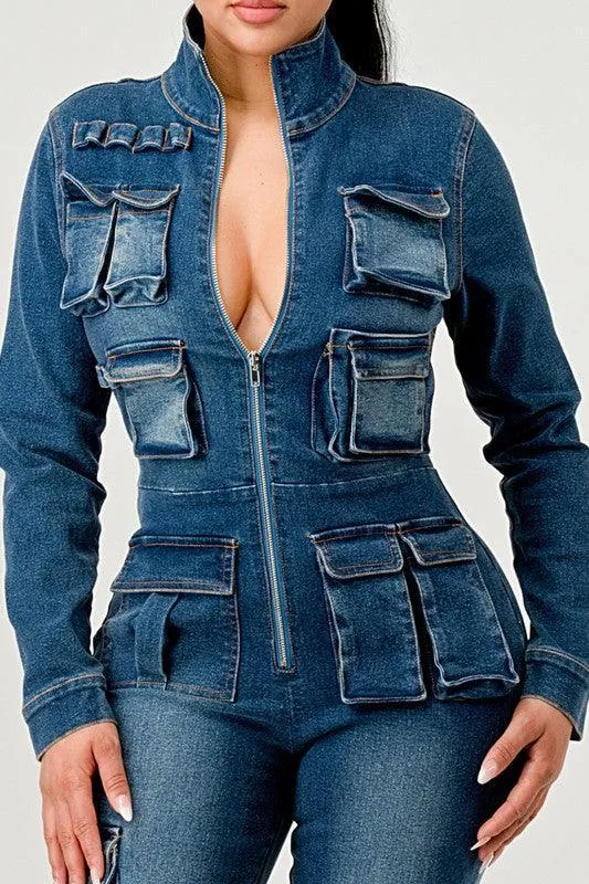 CARGO STYLE DENIM JUMPSUIT