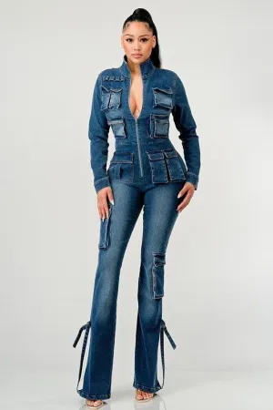 CARGO STYLE DENIM JUMPSUIT