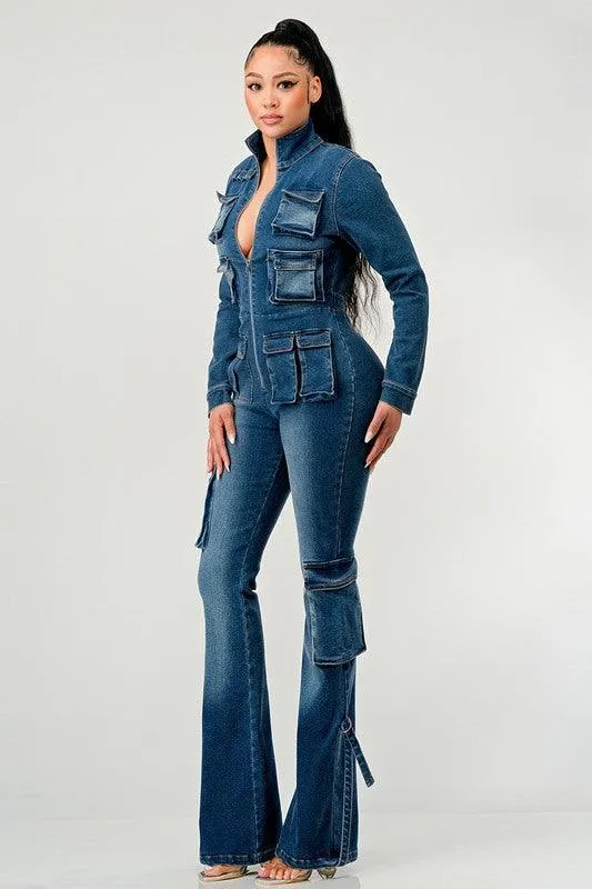 CARGO STYLE DENIM JUMPSUIT