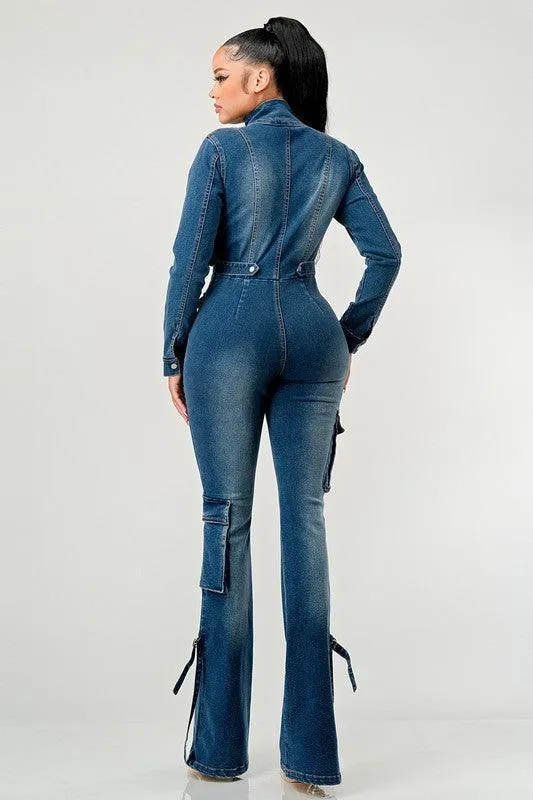 CARGO STYLE DENIM JUMPSUIT