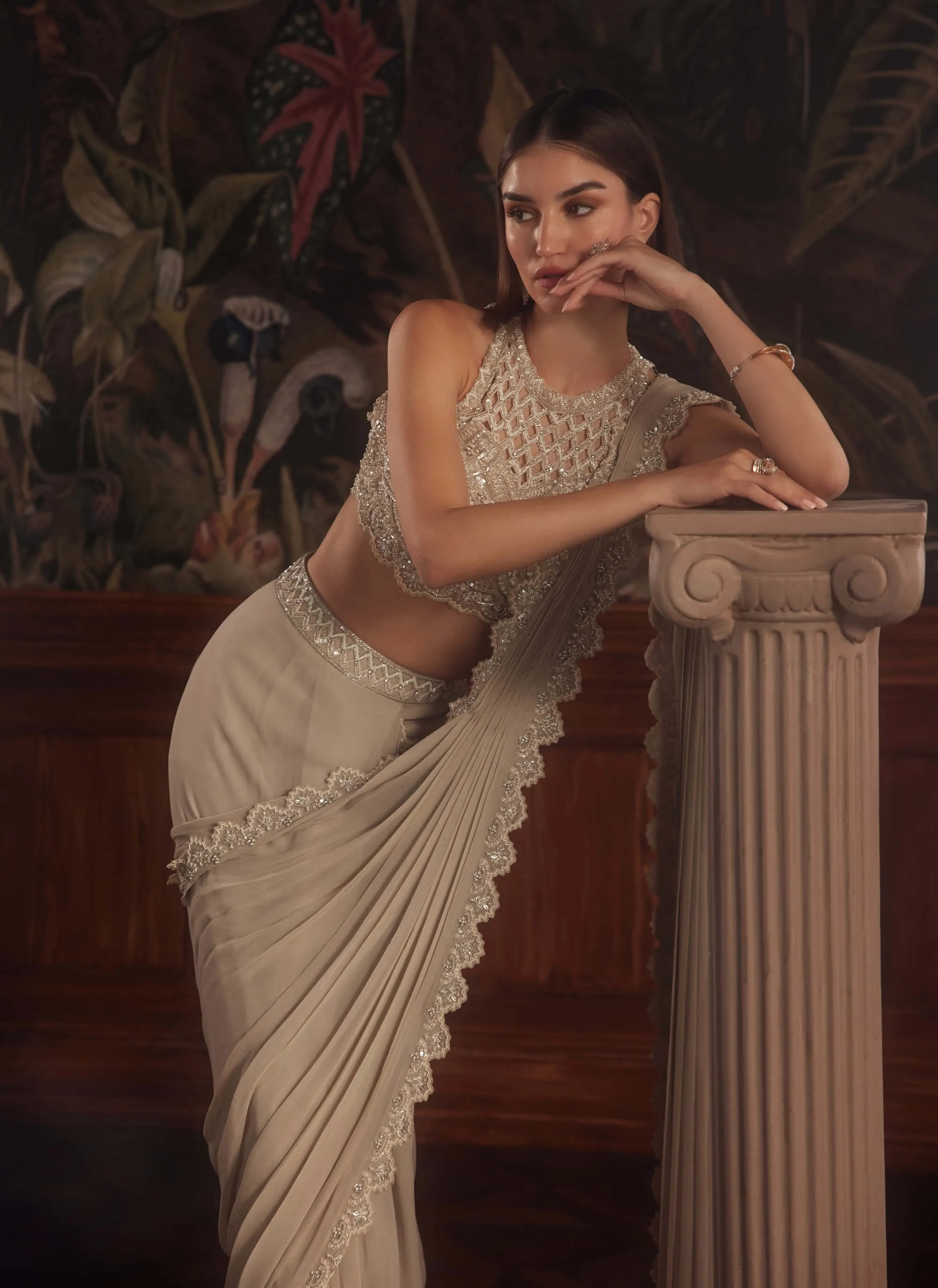 Carina beige gray draped sari and blouse