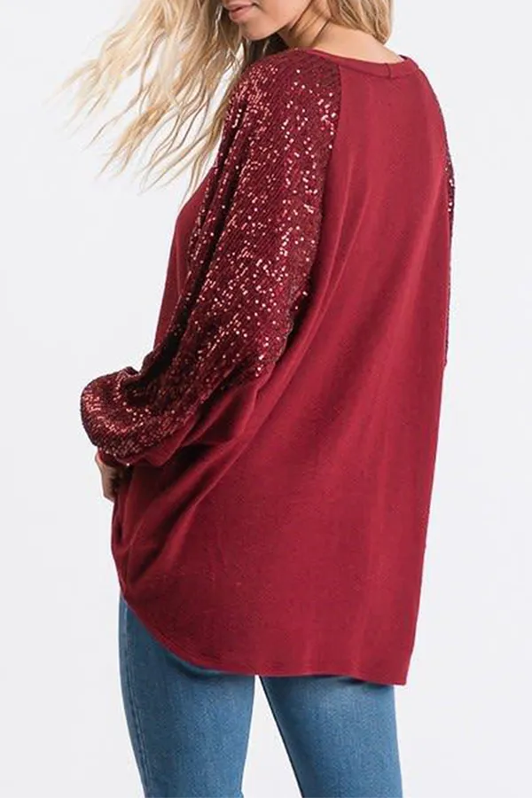 Casual Patchwork Sequins O Neck Tops（4 colors）