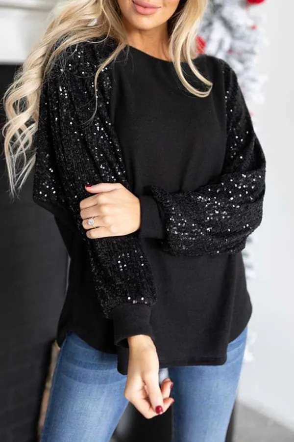 Casual Patchwork Sequins O Neck Tops（4 colors）