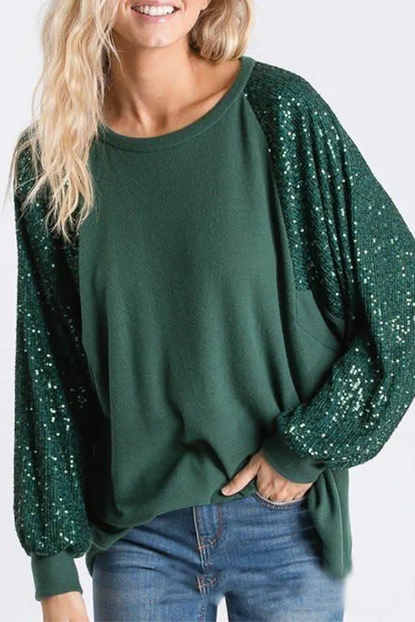 Casual Patchwork Sequins O Neck Tops（4 colors）