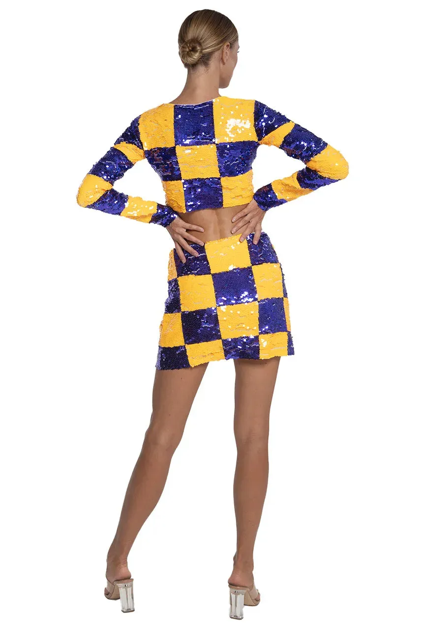 Checkered Sequin Crop Top in Purple and Yellow