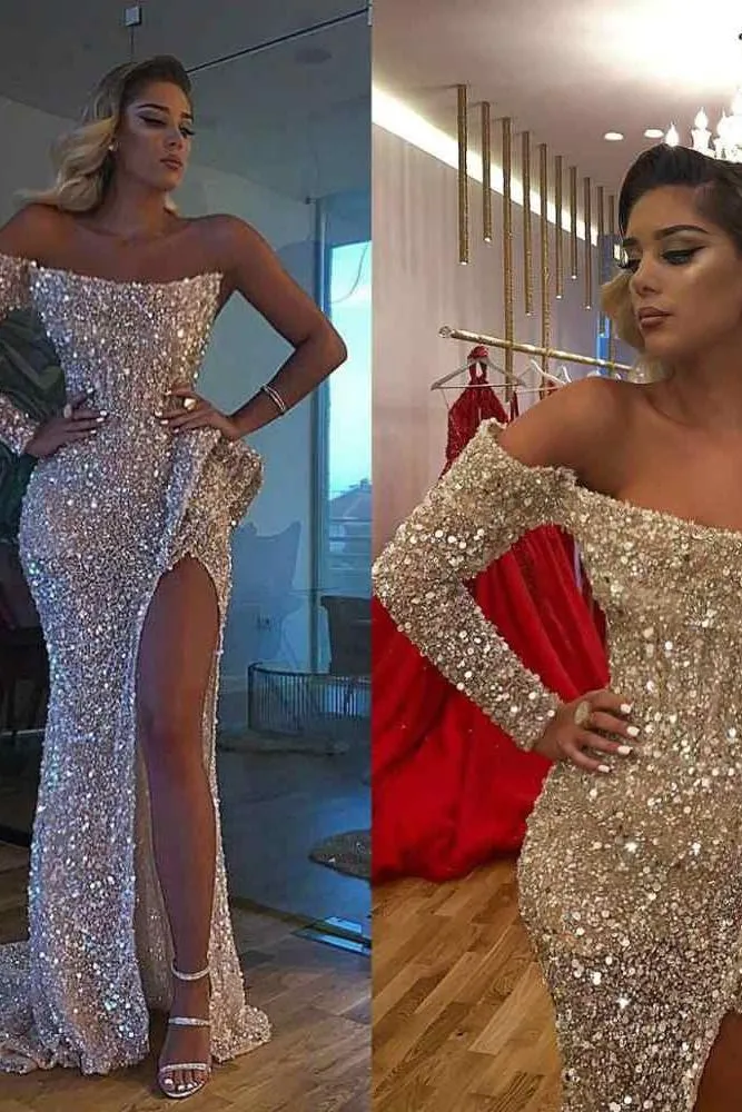 Chic Crystal Beading One Shoulder Strapless Slit Mermaid Sequins Prom Gowns