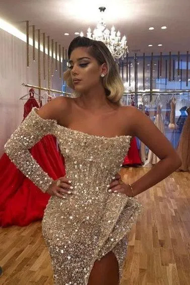 Chic Crystal Beading One Shoulder Strapless Slit Mermaid Sequins Prom Gowns