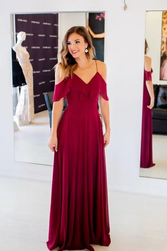 Chiffon Long Prom Dress with Flounced Neckline