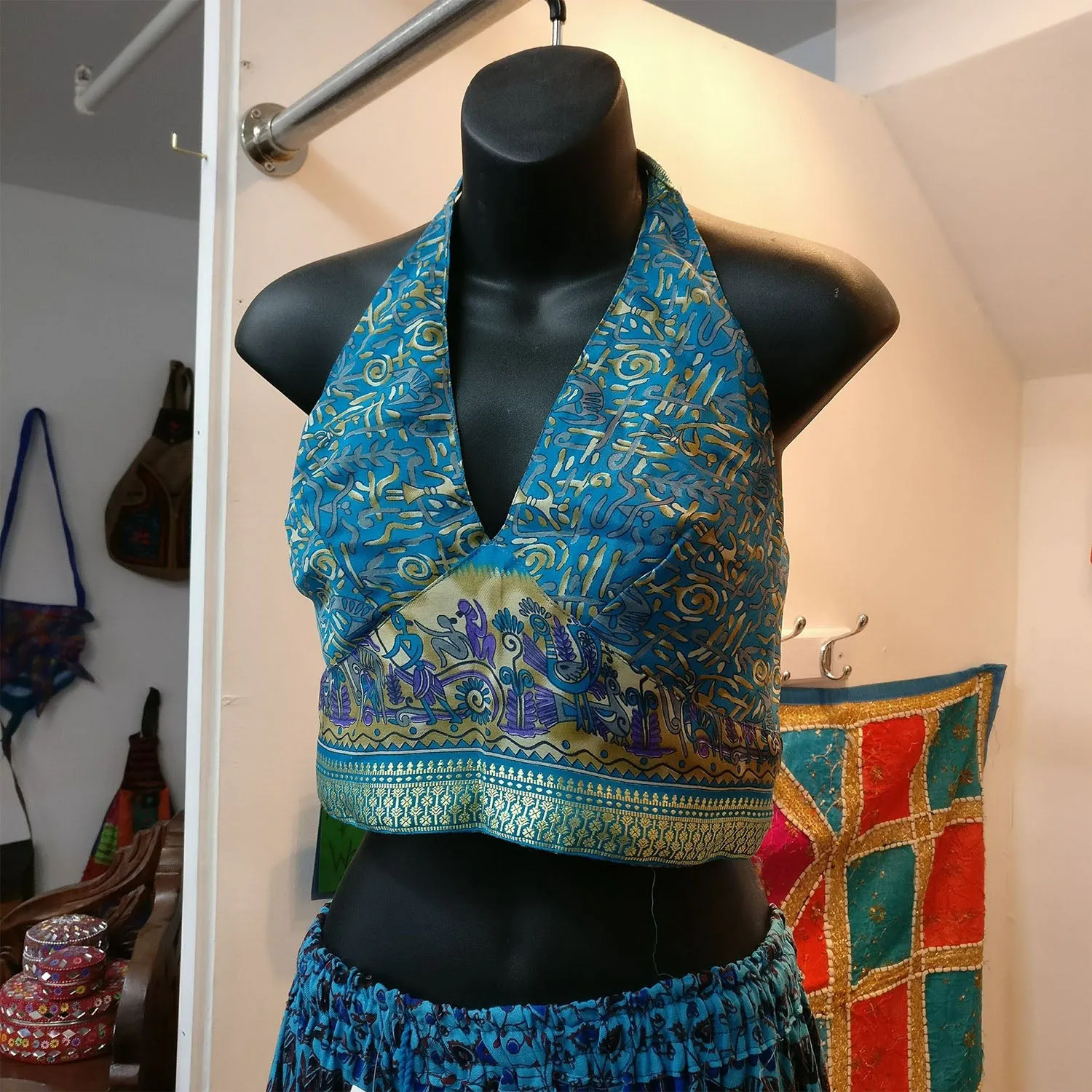 Choli Indian Crop Top Dancewear Blue Tribal