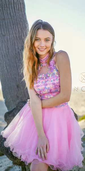 CLEARANCE - Nox Anabel 6272 Embroidered Crop Top Two-Piece Dress (Size M)