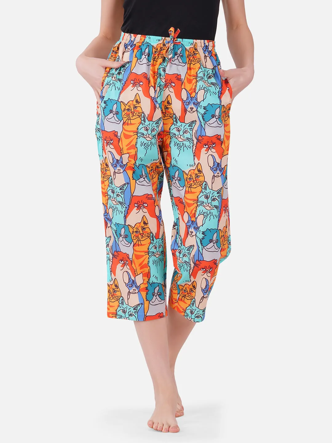 Colorful Cats print cotton capris