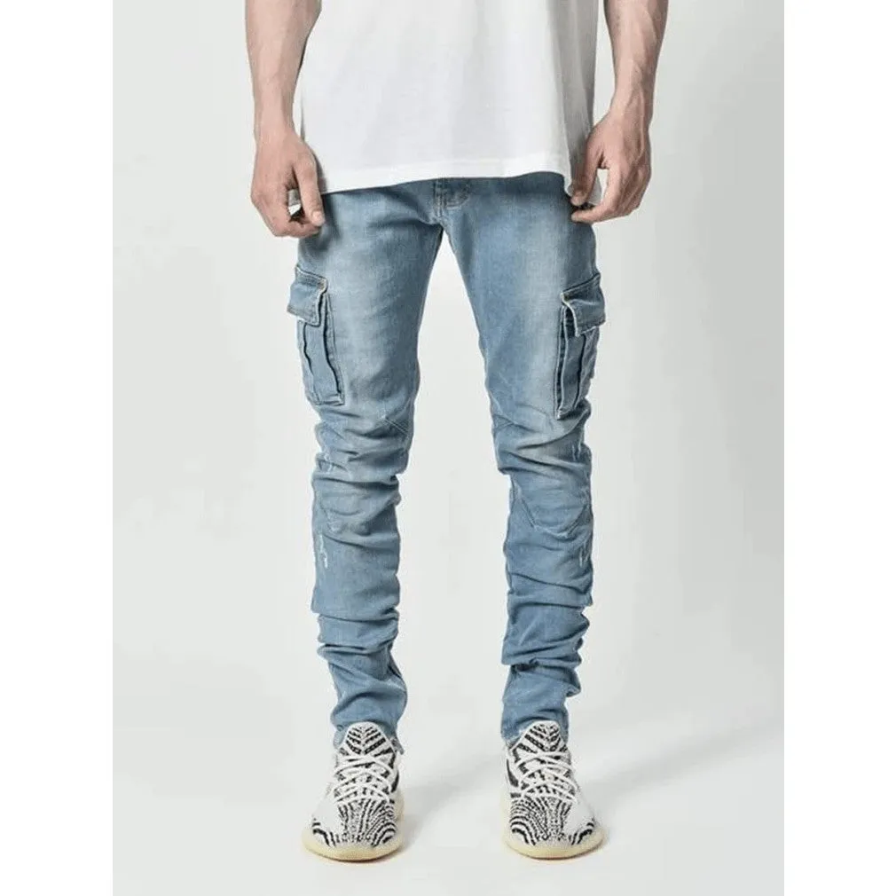 ContiNent 33 Jeans Men Pants Casual Cotton Denim Trousers Multi Pocket Cargo Jeans Men New Fashion Denim Pencil Pants Side Pockets Cargo