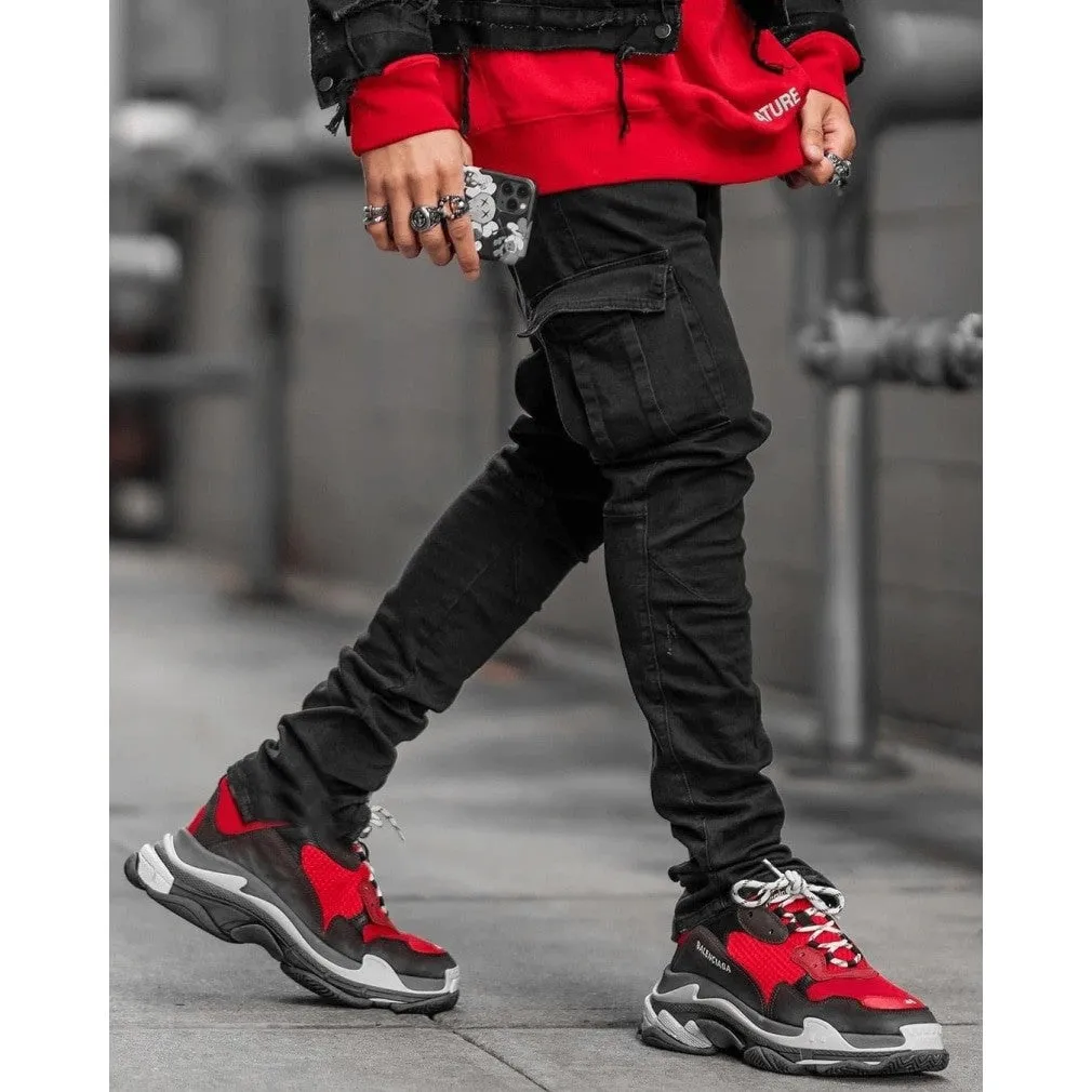 ContiNent 33 Jeans Men Pants Casual Cotton Denim Trousers Multi Pocket Cargo Jeans Men New Fashion Denim Pencil Pants Side Pockets Cargo