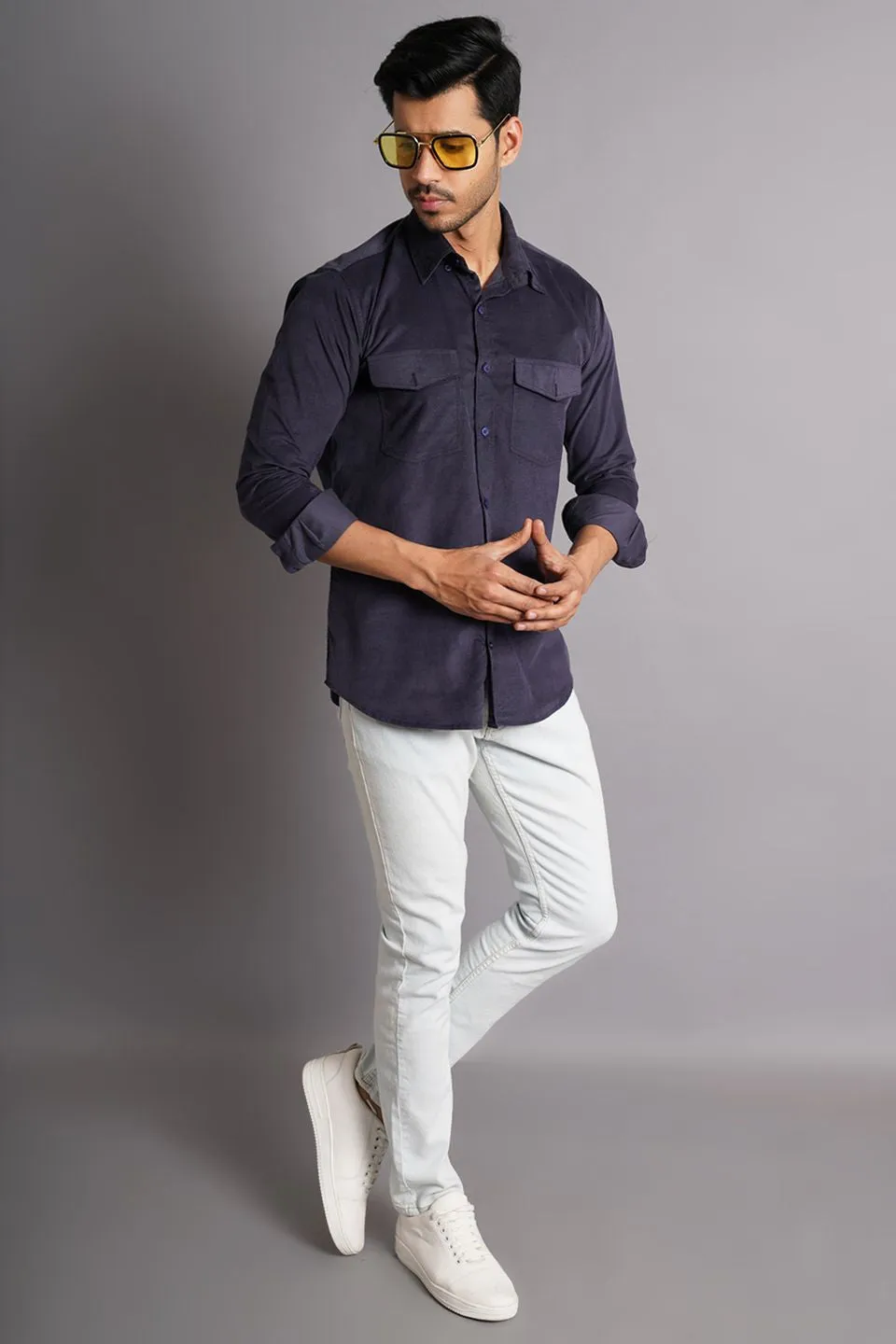 Corduroy Cotton Grey Solid Shirt