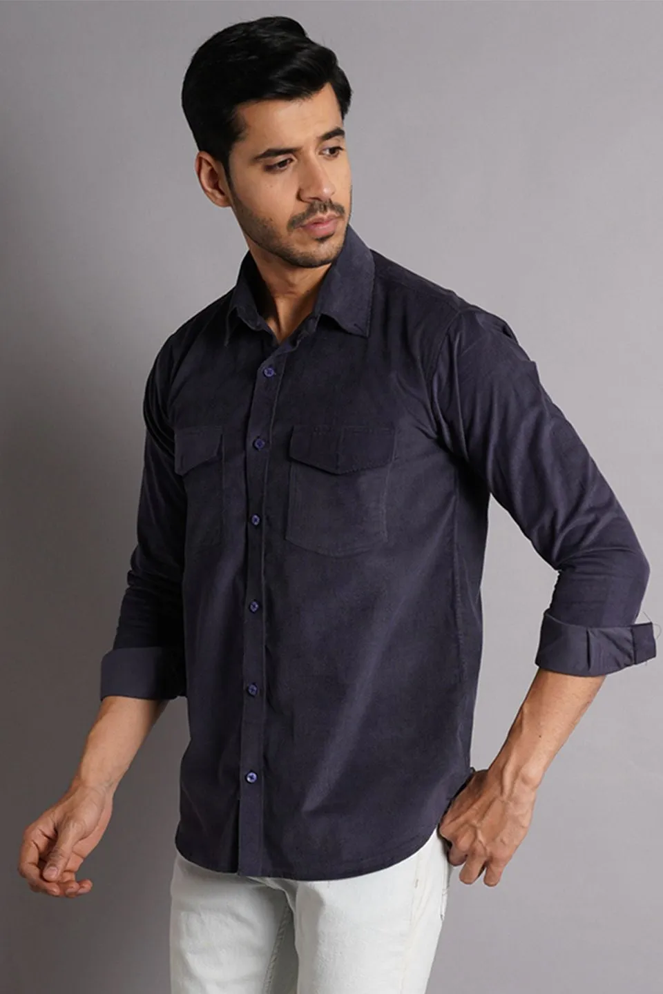Corduroy Cotton Grey Solid Shirt