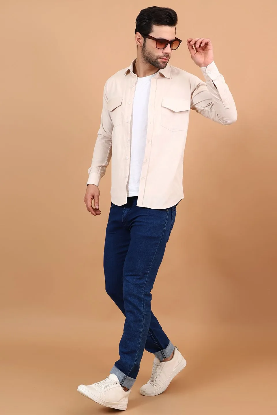 Corduroy Cotton Off-White Solid Shirt