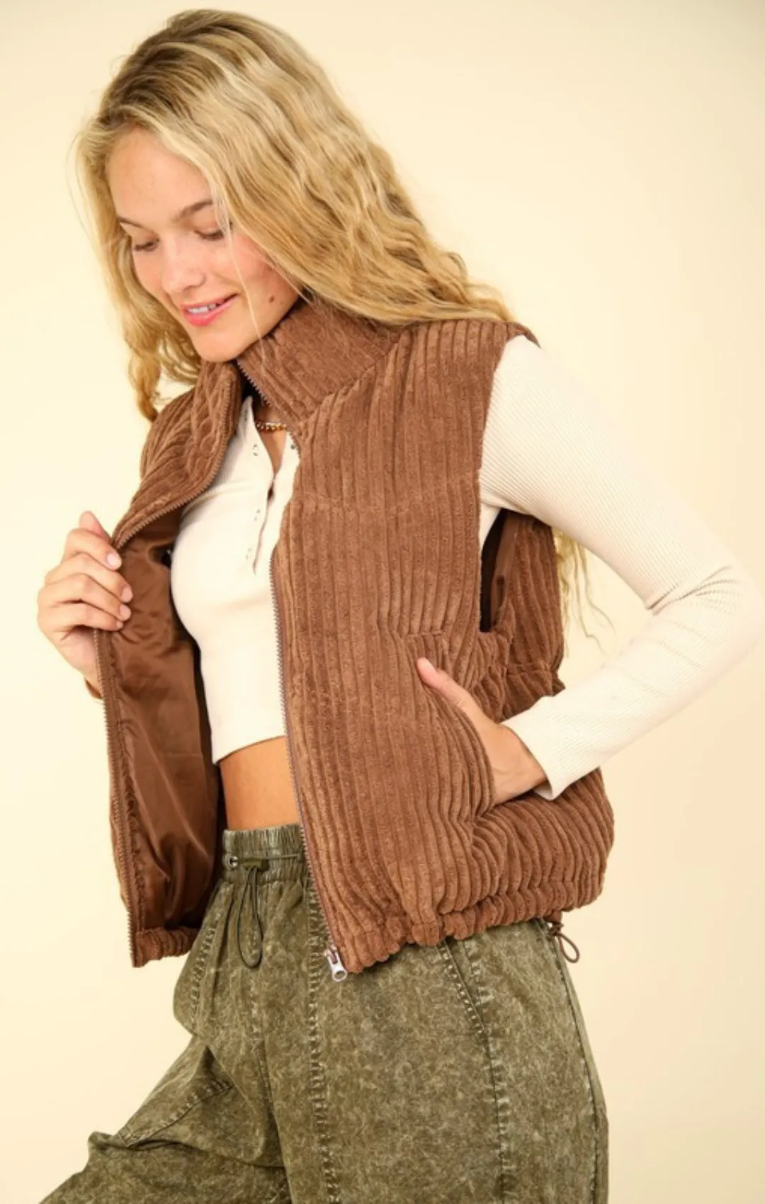 Corduroy Zip Up Puffer Vest with Pockets