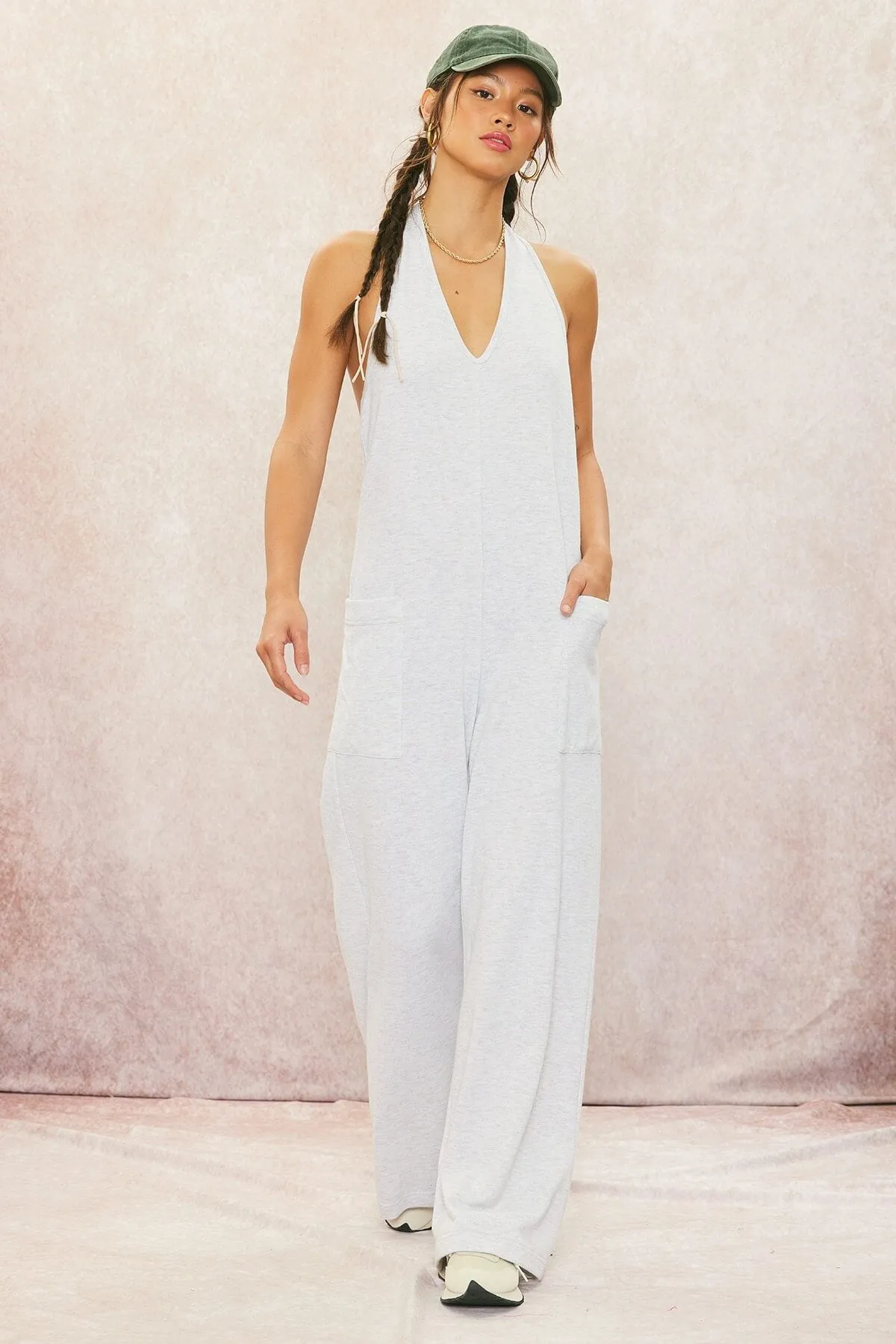 Cotton terry halter jumpsuit