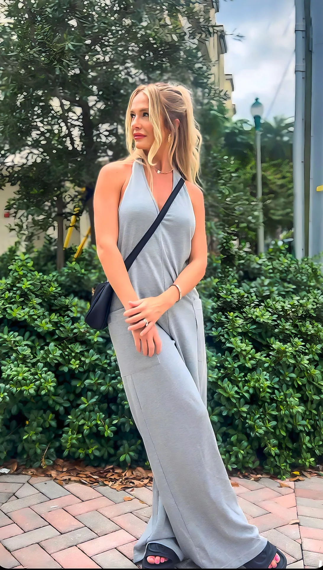 Cotton terry halter jumpsuit