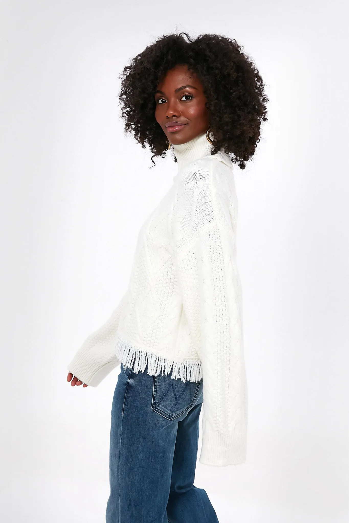Cream Cable Pattern Turtleneck Fringe Sweater
