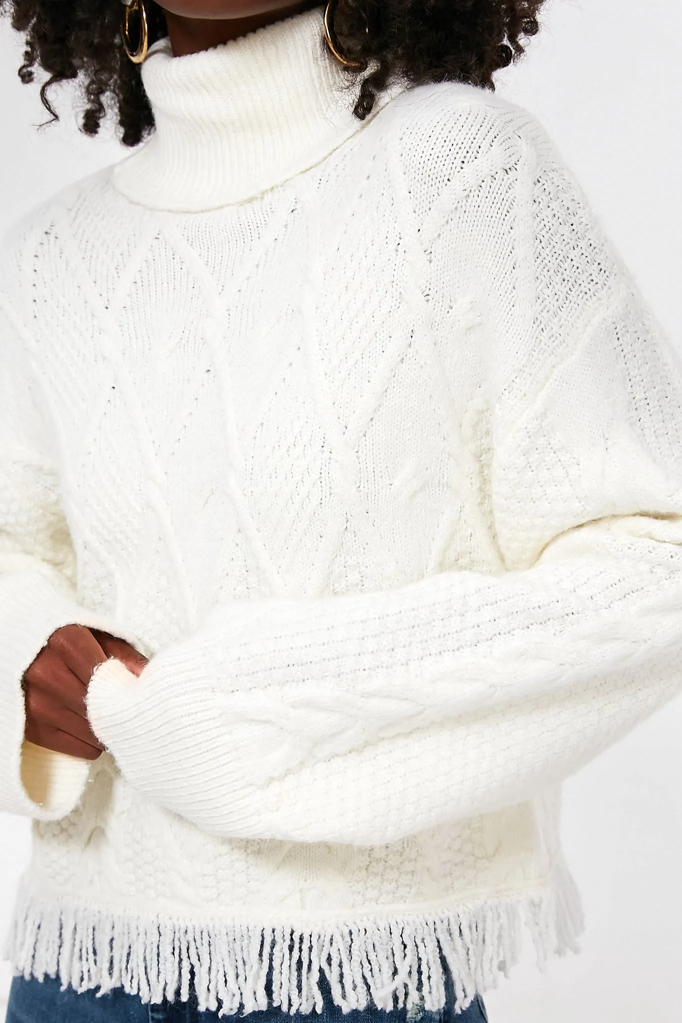 Cream Cable Pattern Turtleneck Fringe Sweater