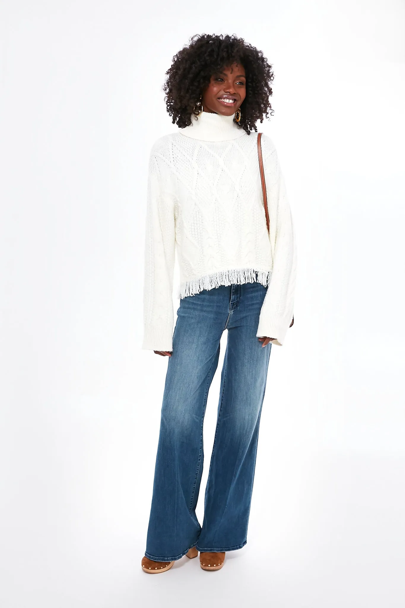 Cream Cable Pattern Turtleneck Fringe Sweater