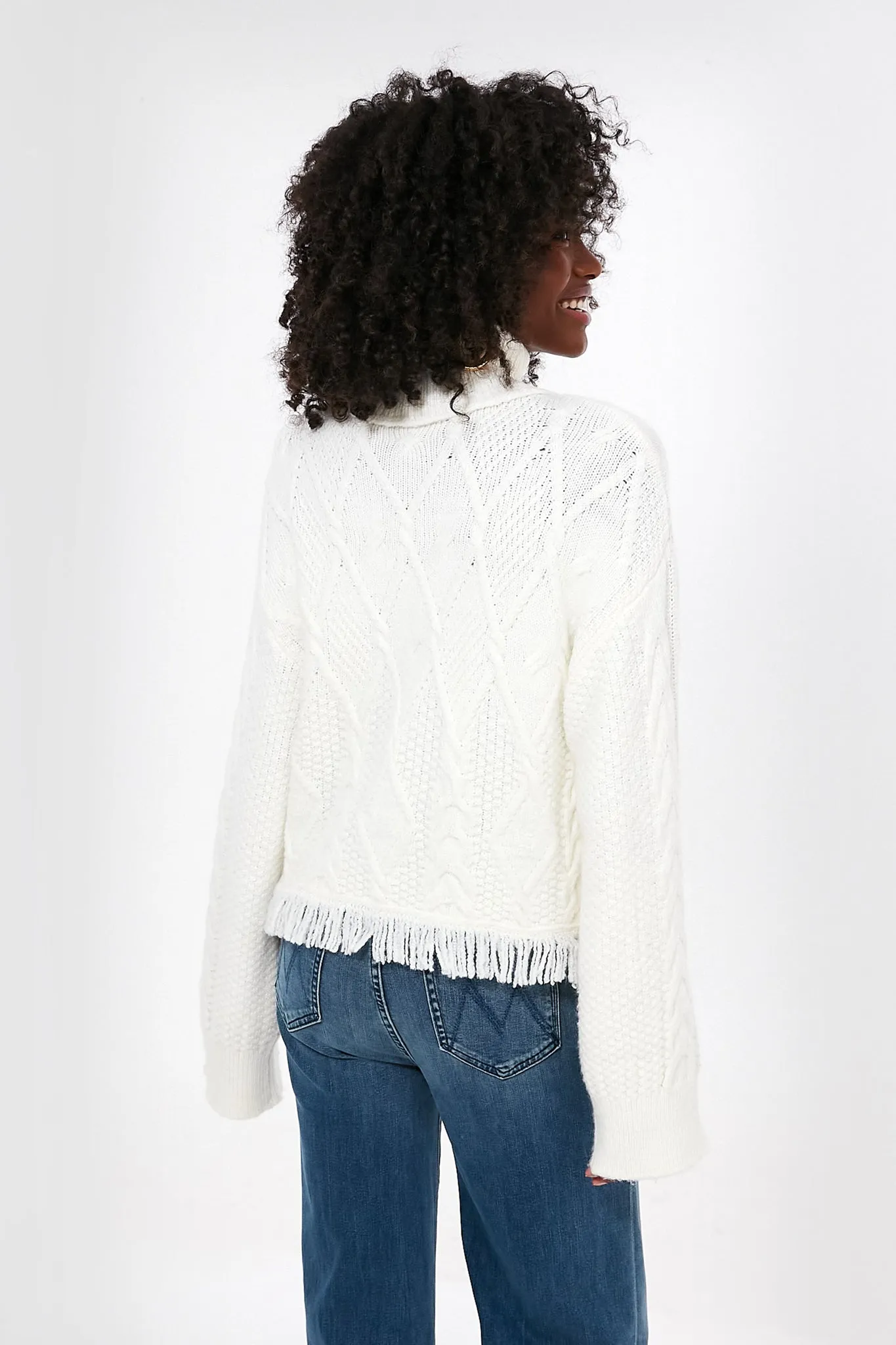 Cream Cable Pattern Turtleneck Fringe Sweater