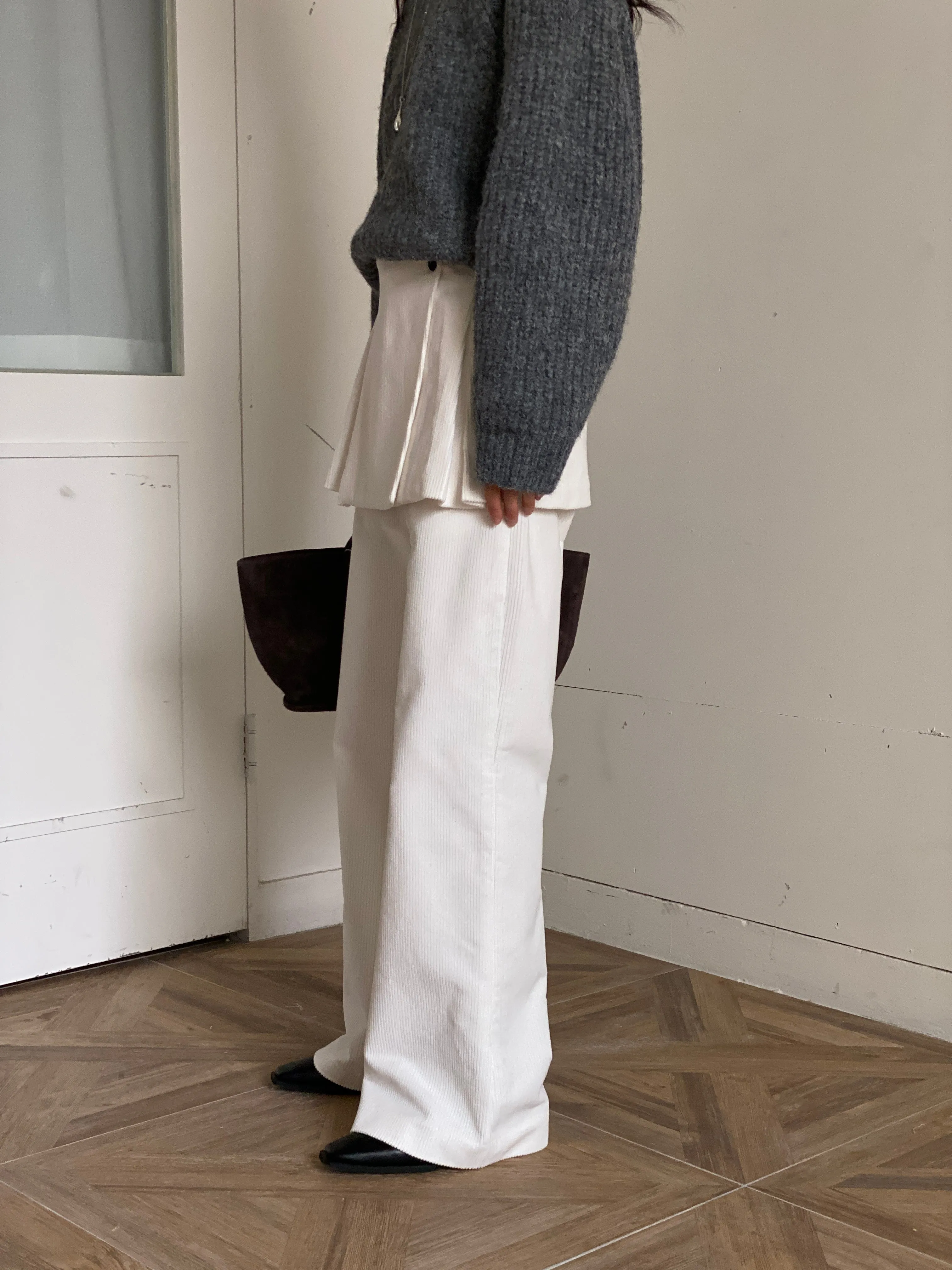 Cream Corduroy Layered Skirt Pants