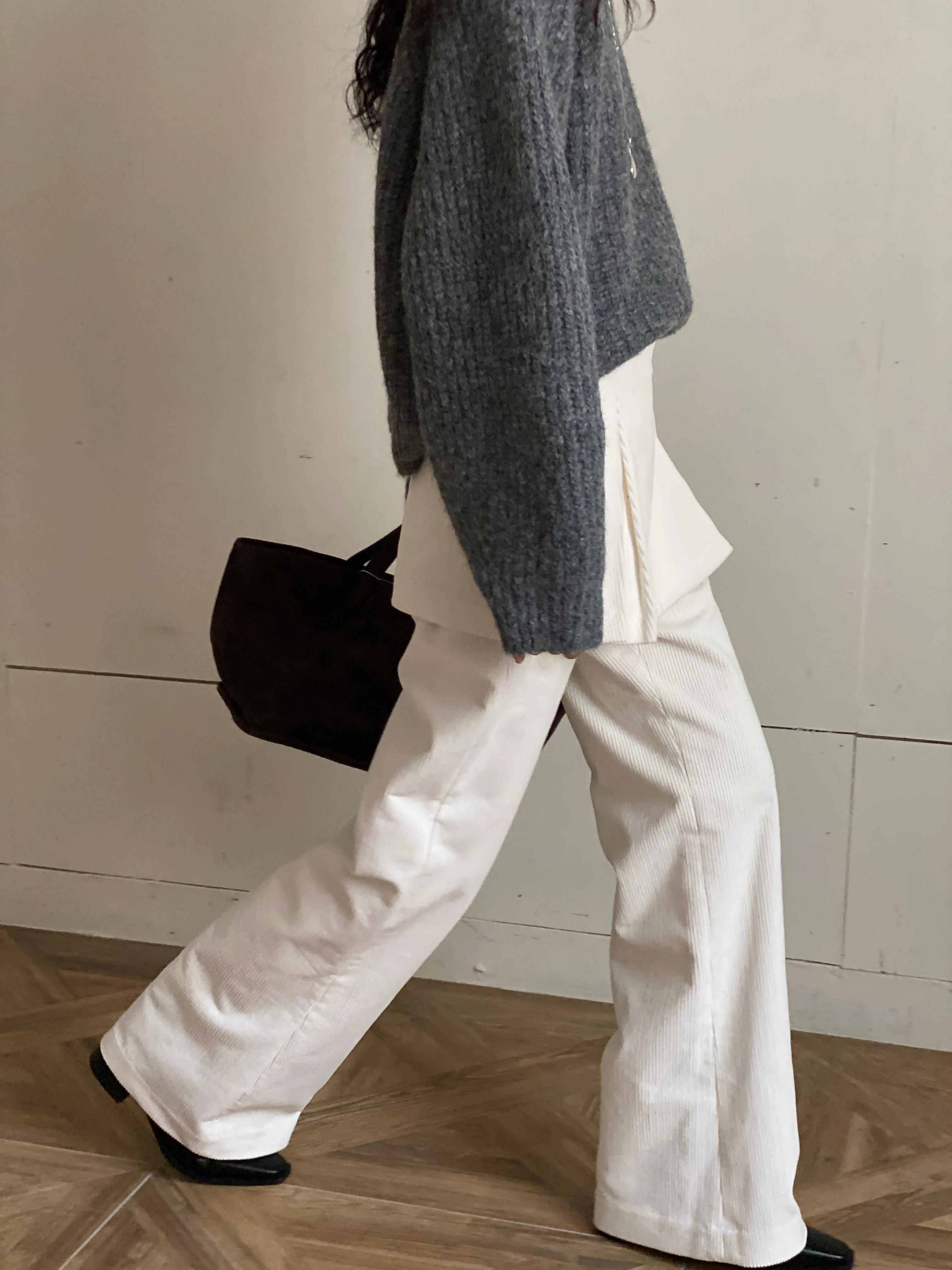 Cream Corduroy Layered Skirt Pants