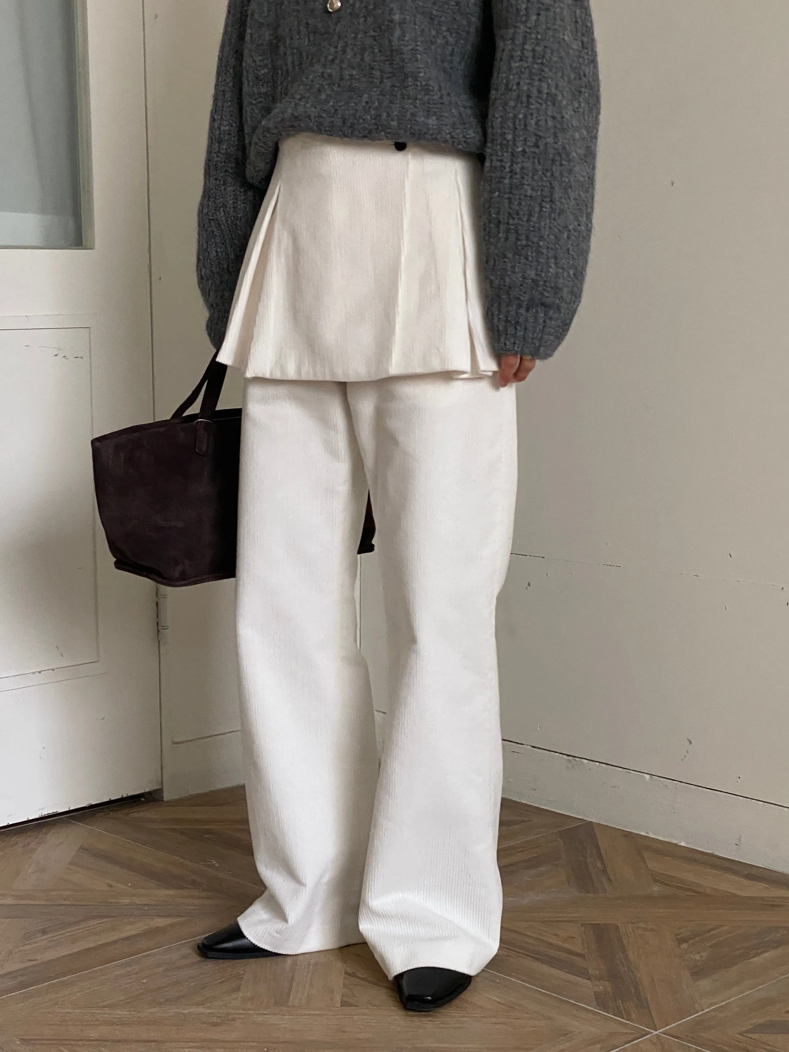 Cream Corduroy Layered Skirt Pants
