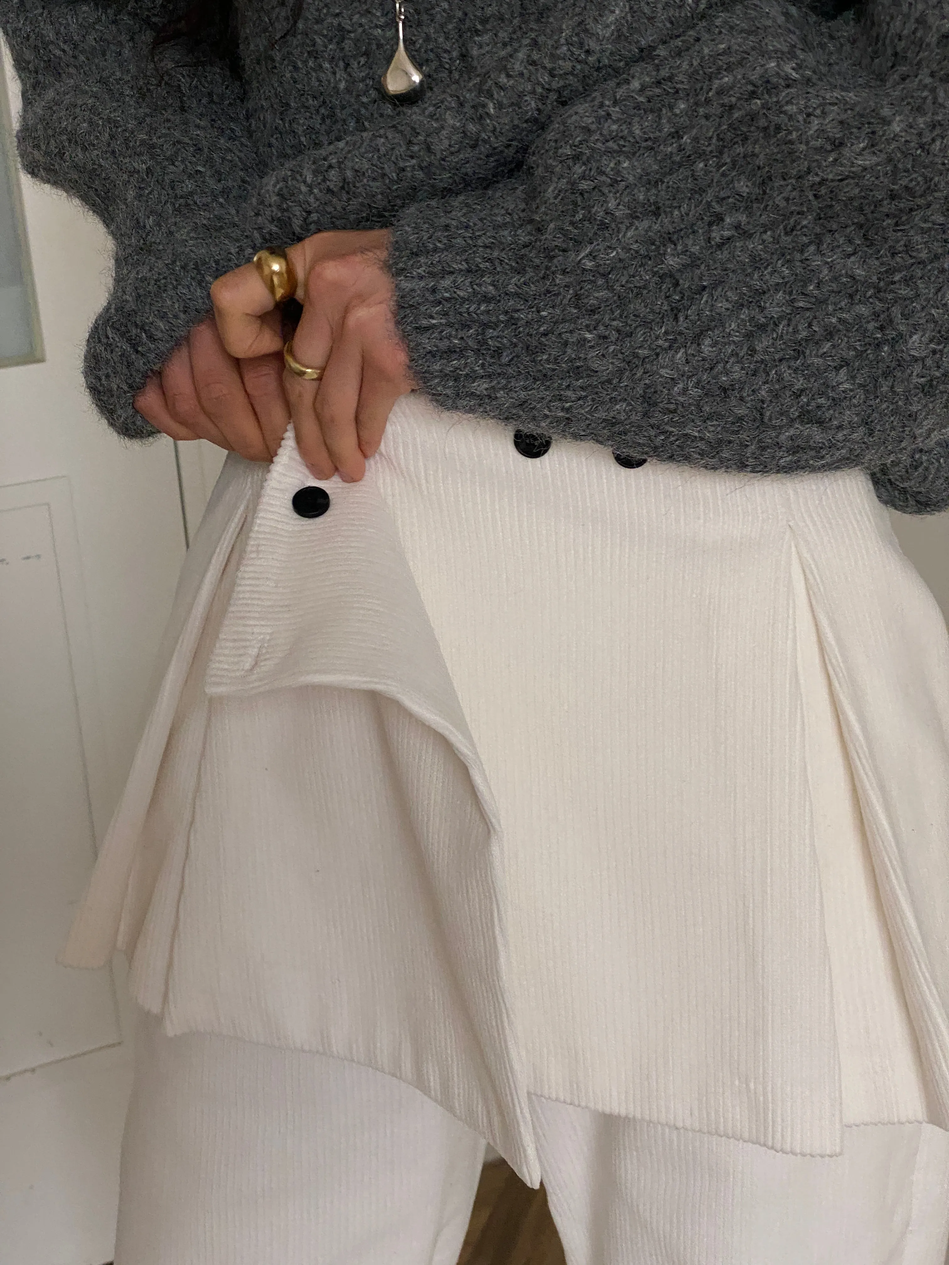 Cream Corduroy Layered Skirt Pants