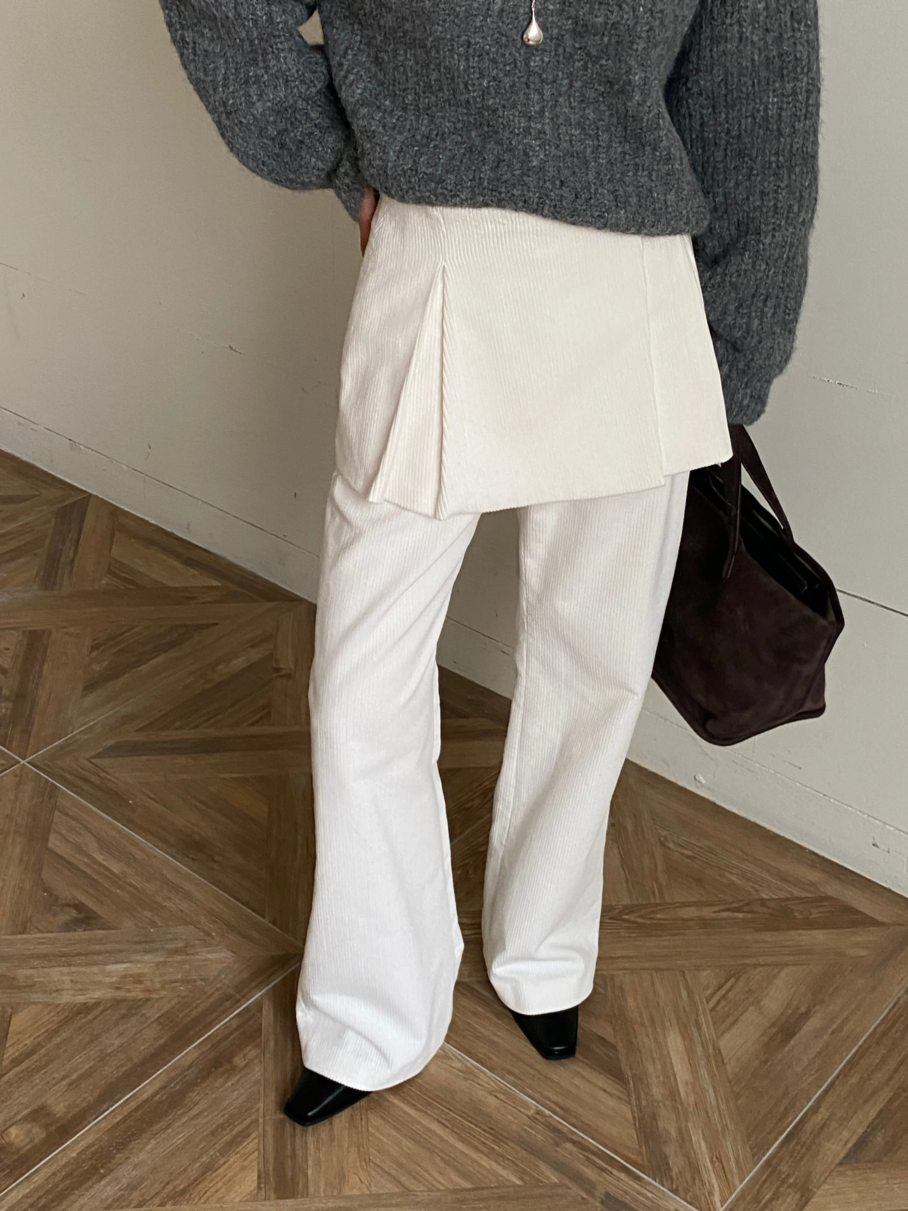 Cream Corduroy Layered Skirt Pants