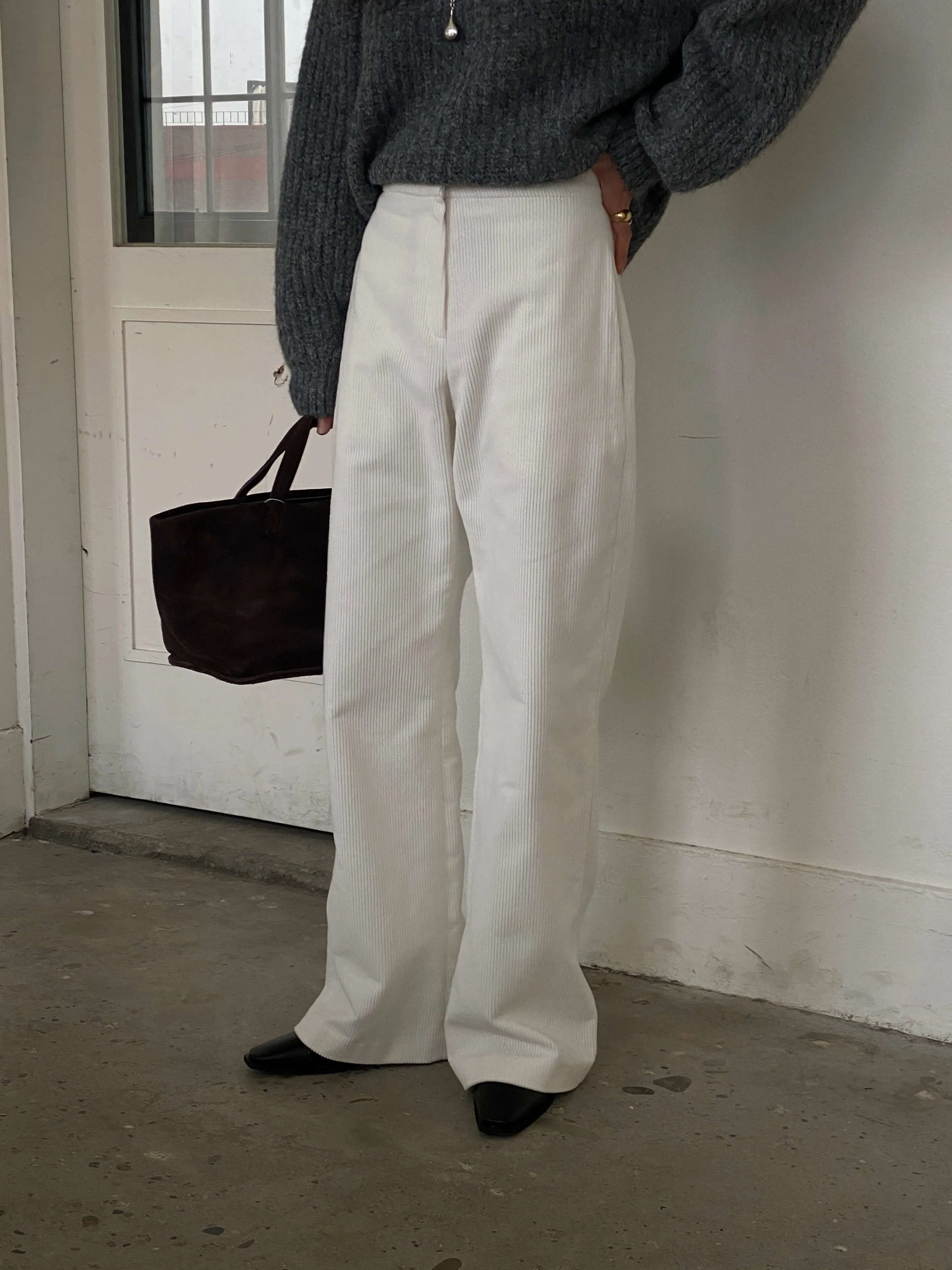 Cream Corduroy Layered Skirt Pants
