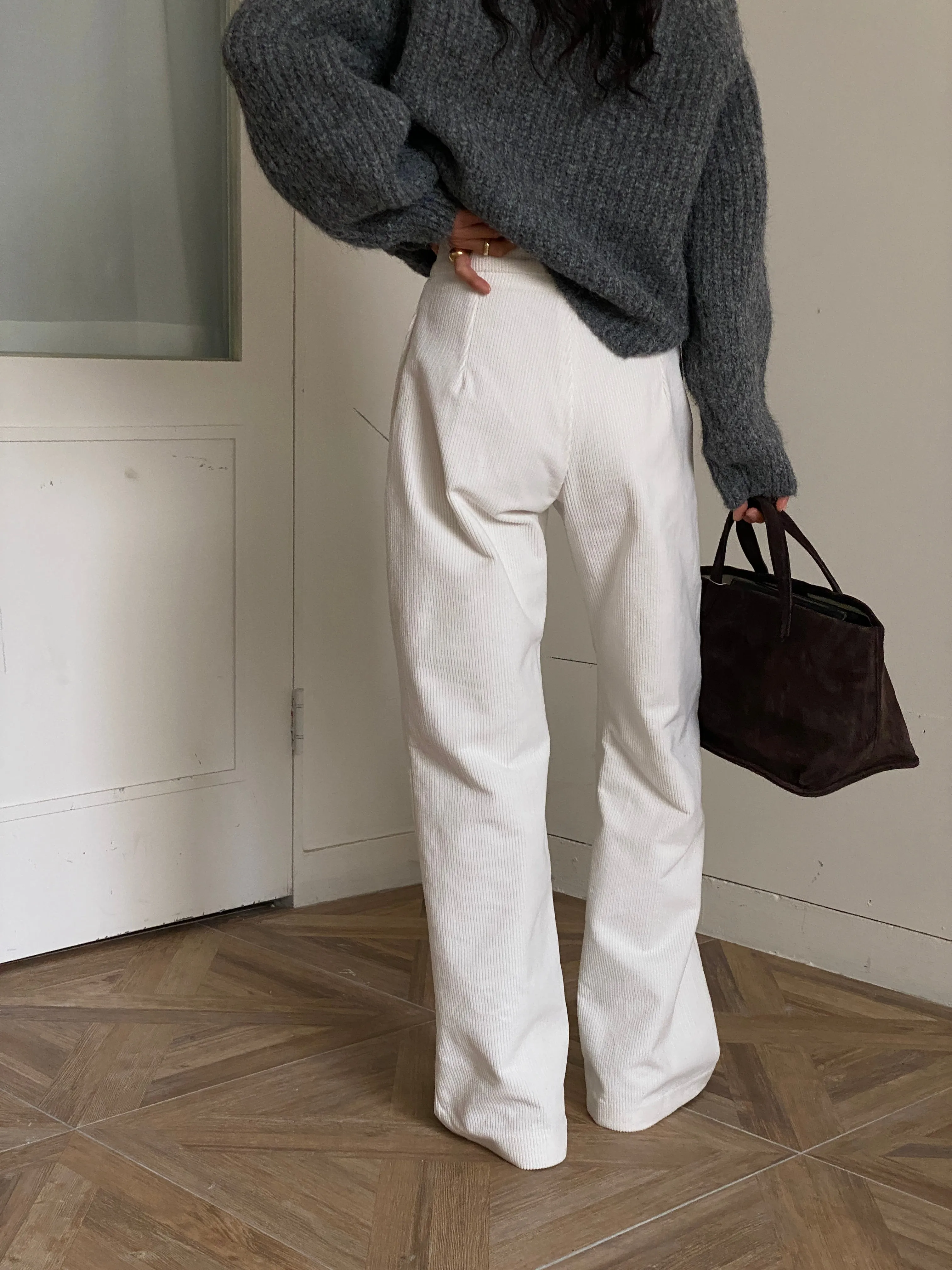 Cream Corduroy Layered Skirt Pants