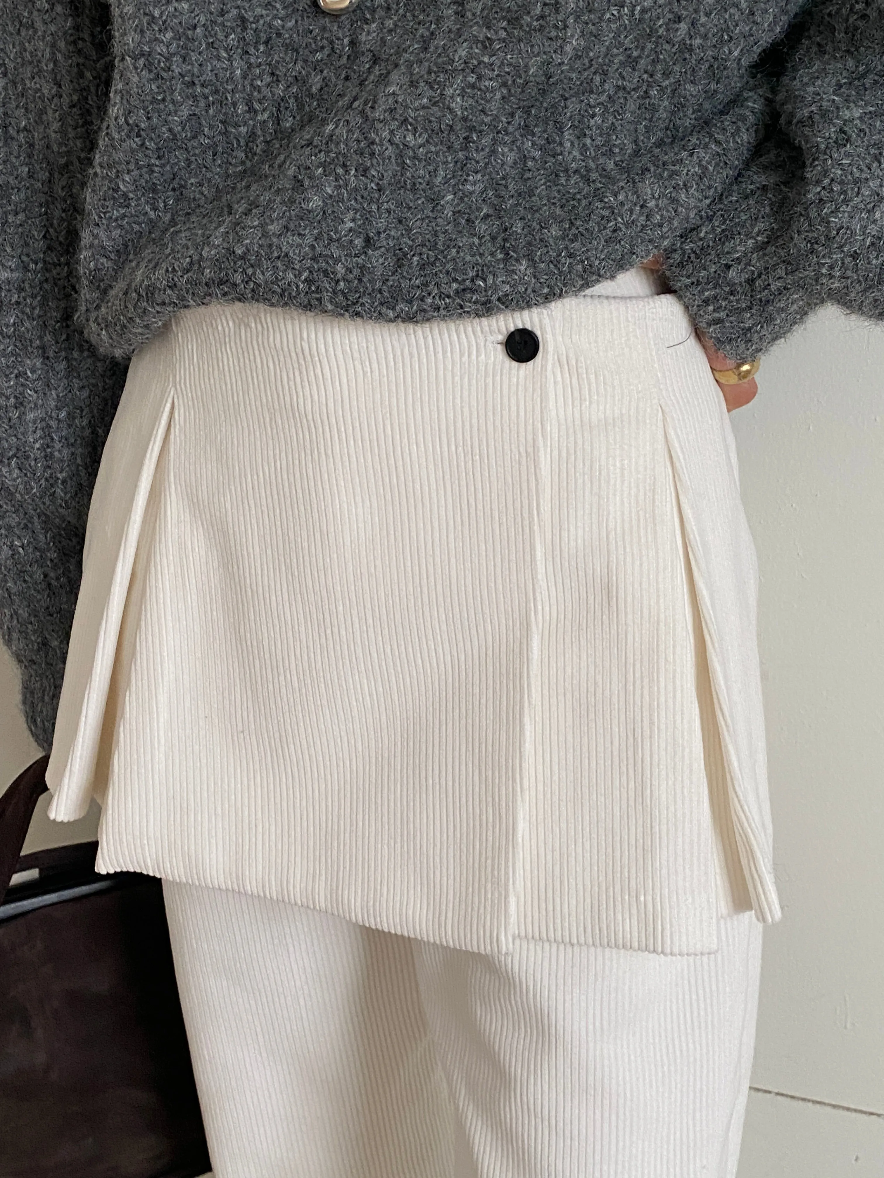 Cream Corduroy Layered Skirt Pants