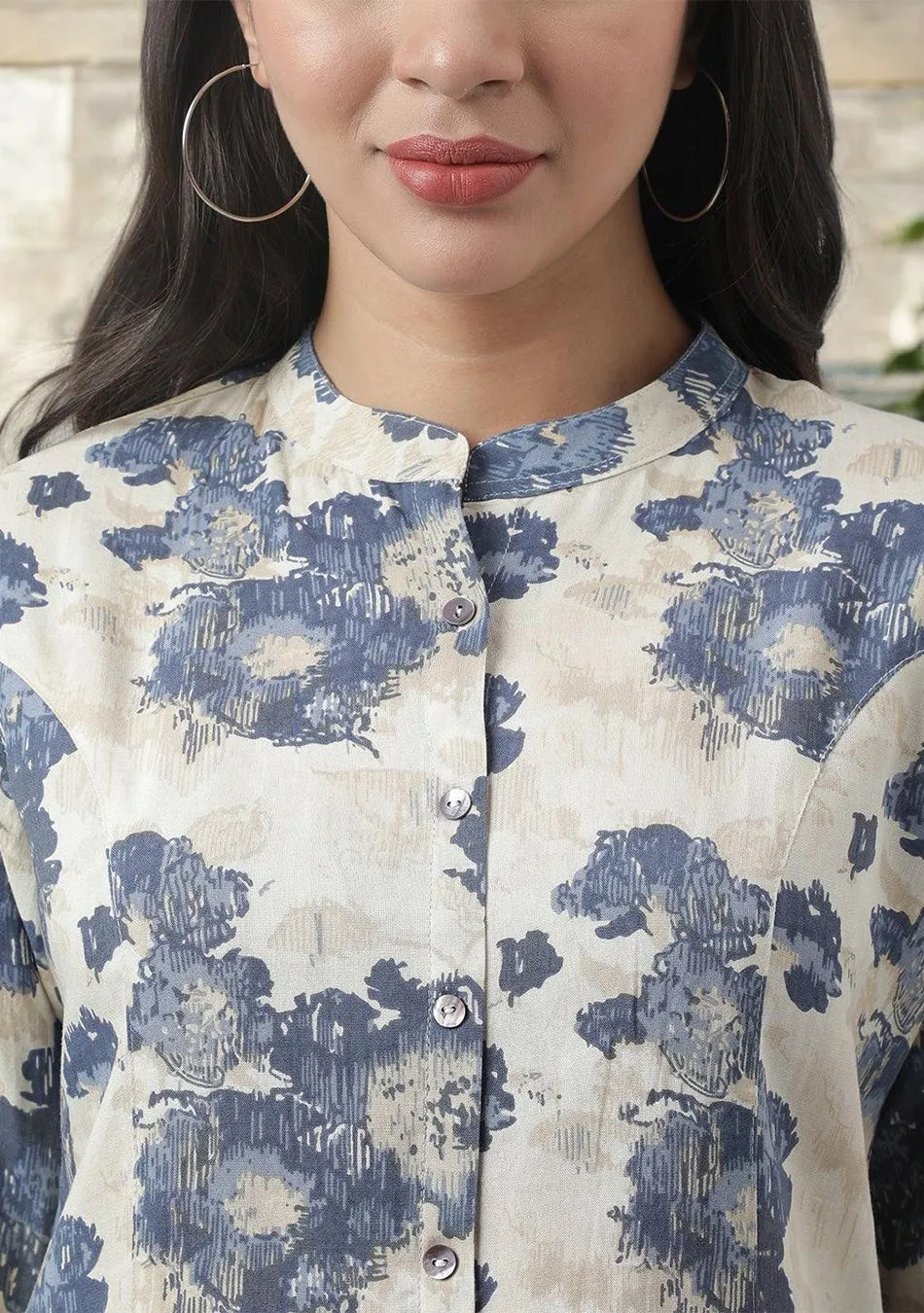 Cream Floral Printed Rayon A-line Shirt Style Top
