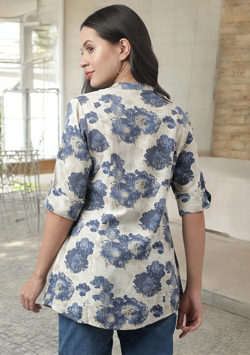 Cream Floral Printed Rayon A-line Shirt Style Top